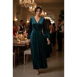 MSK Velvet Wrap‑Style Dress •Size S • NWT, Deep Teal Long Sleeve Dress